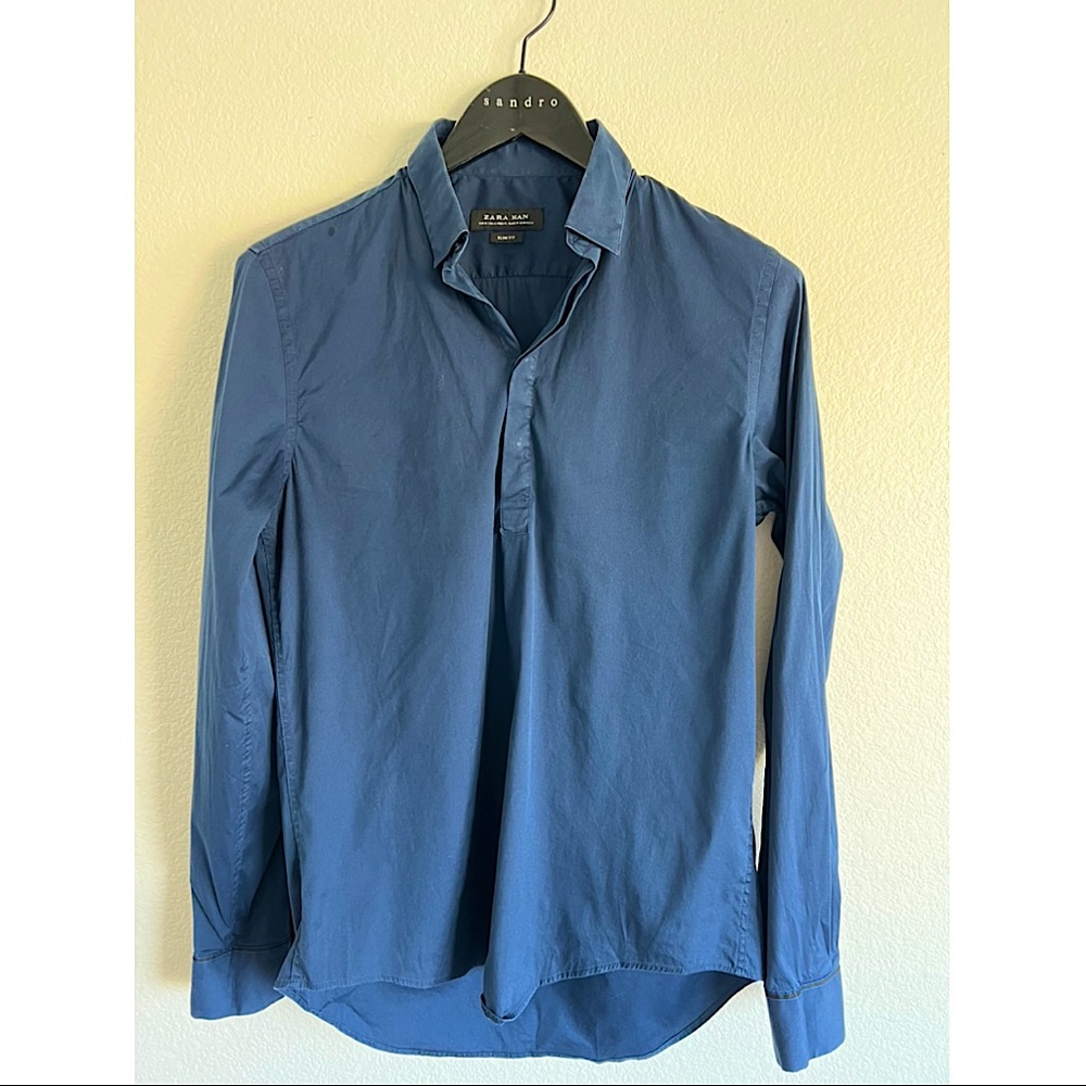Zara Button Collar Dress Shirt, navy blue, medium
